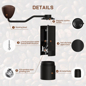 MAVO Manuelle Kaffeemühle, Wizard-Handkaffeemühle, Kapazität 25 g mit CNC-Edelstahl-Fünfeck-Kegelmahlwerk, einstellbare Einstellung, Kaffeebohnenmühle mit Mahlwerk für French Press, Pour Over, Schwarz