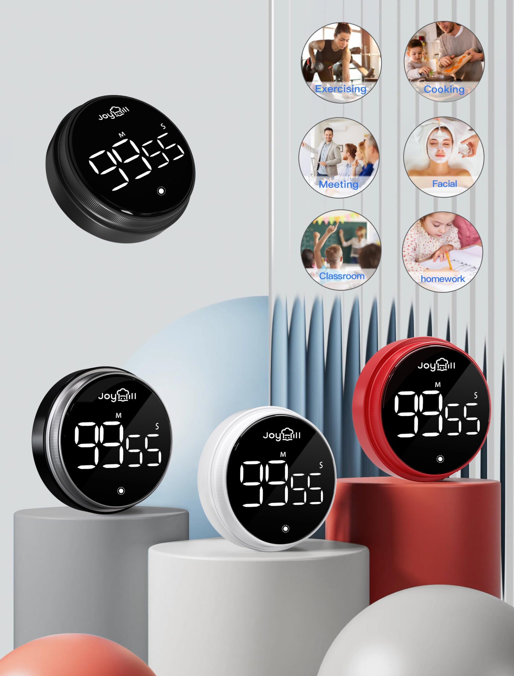 JOYHILL Digitaler Küchentimer, großes LED-Display mit magnetischem Countdown, 3 Lautstärkestufen, ideal zum Kochen, Unterricht, Lernen, Fitness, Timer für Kinder und Senioren, Schwarz