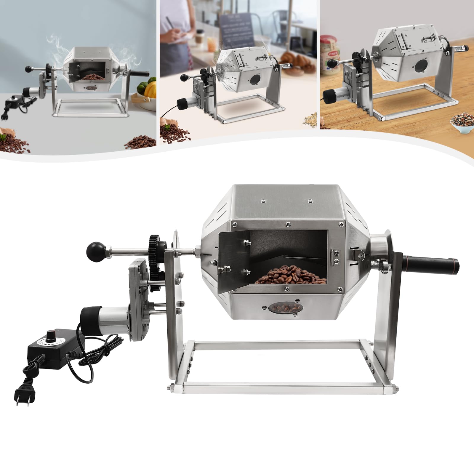 TianQinLang Electric Coffee Bean Roaster 3.8L Coffee Bean Baker with Sieve Baskets Stainless Steel Coffee Bean Baking Machine for Home Coffee Shops Restaurants, 10-60rpm, 20-40mins, 0.66-1.1lbs