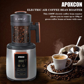 APOXCON コーヒー豆焙煎機 家庭用 電動エアコーヒー焙煎機 コーヒー豆チャフ収集バスケット付き 調節可能なタイマー&amp;可変熱設定&amp;エアファン設定 1500W 100g