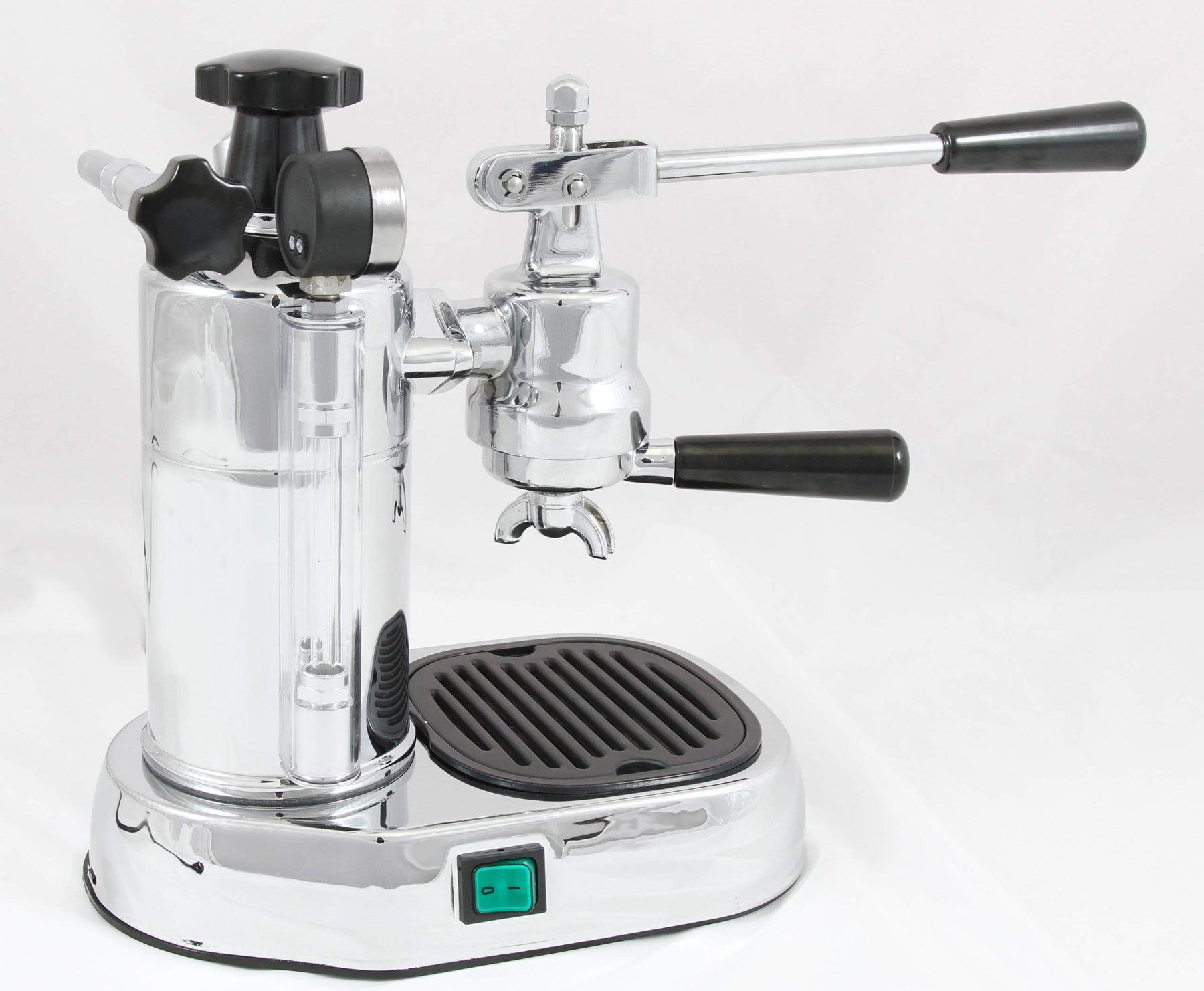 La Pavoni PC-16 プロフェッショナル エスプレッソ マシン | 16 カップ容量 | ブラック アクセントのクローム仕上げ | 真鍮製 38 オンス ボイラー | 圧力ゲージ付きデュアル泡立てシステム | イタリア製