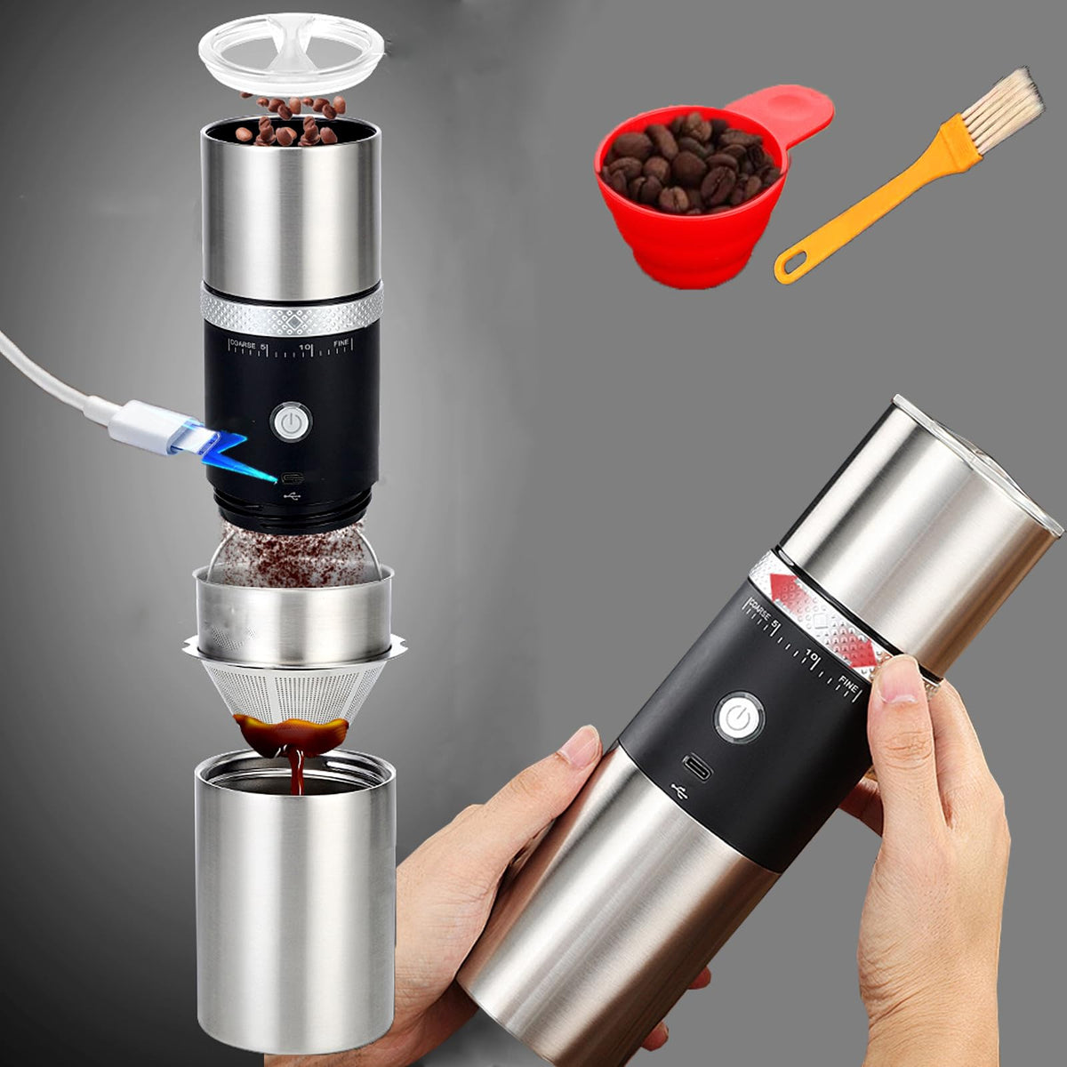 Portable Electric Conical Burr Coffee Grinders, Spice Grinder Electric, Bean Grinder,USB Rechargeable Coffee Maker Stainless Steel Coffee Bean Machine with 15 Fine to Coarse Grind Settings (Black)