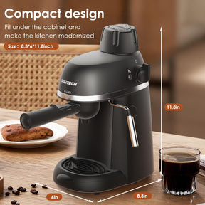 SOWTECH Kaffeemaschine, 3,5 Bar Espresso-Cappuccino-Maschine mit Milchaufschäumer, 1–4 Tassen tragbare Kaffeemaschine für Latte, Cappuccino, 800 W, schwarz