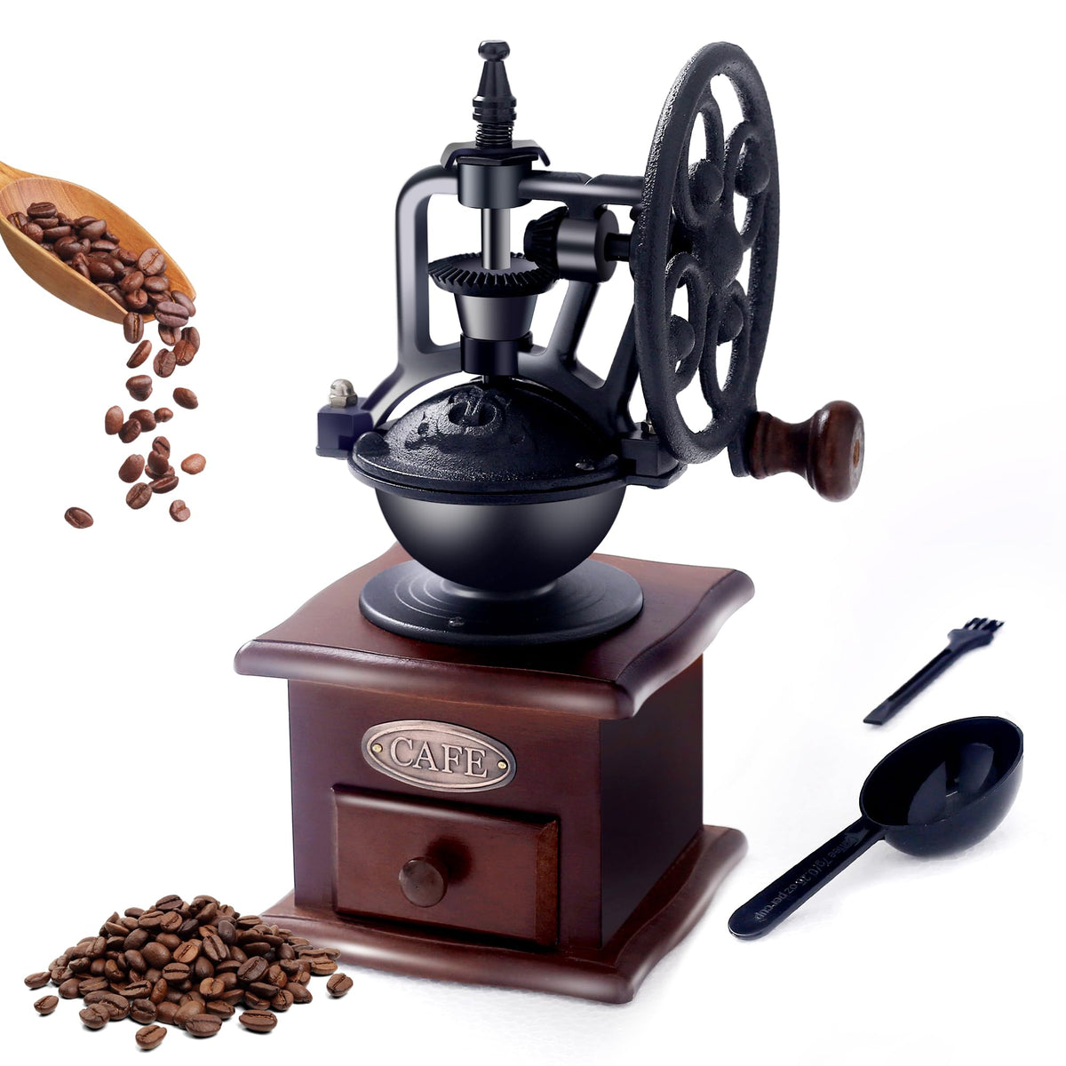 Manual Coffee Grinder Vintage Wooden Coffee Bean Grinder Hand Grinder Roller Antique Coffee Mill for Making Mesh Coffee Classic French Press for Decoration (Quadrilateral)