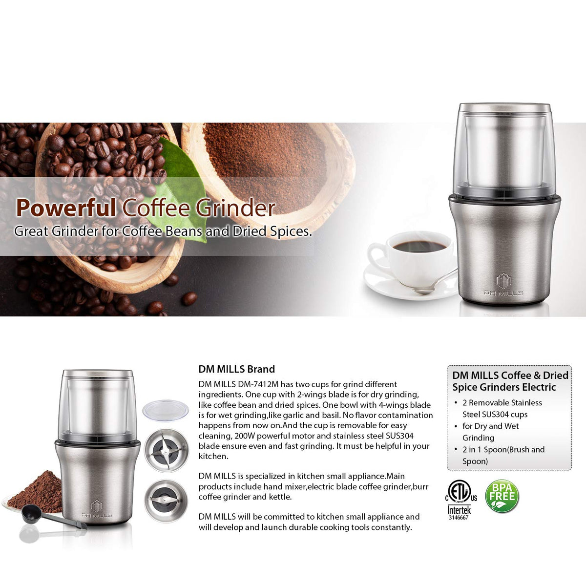 DR MILLS DM-7412M Stainless Steel Electric Dried Spice and Coffee Grinder,2 in 1 Wet and Dry, Removable Cups, Dishwasher Safe