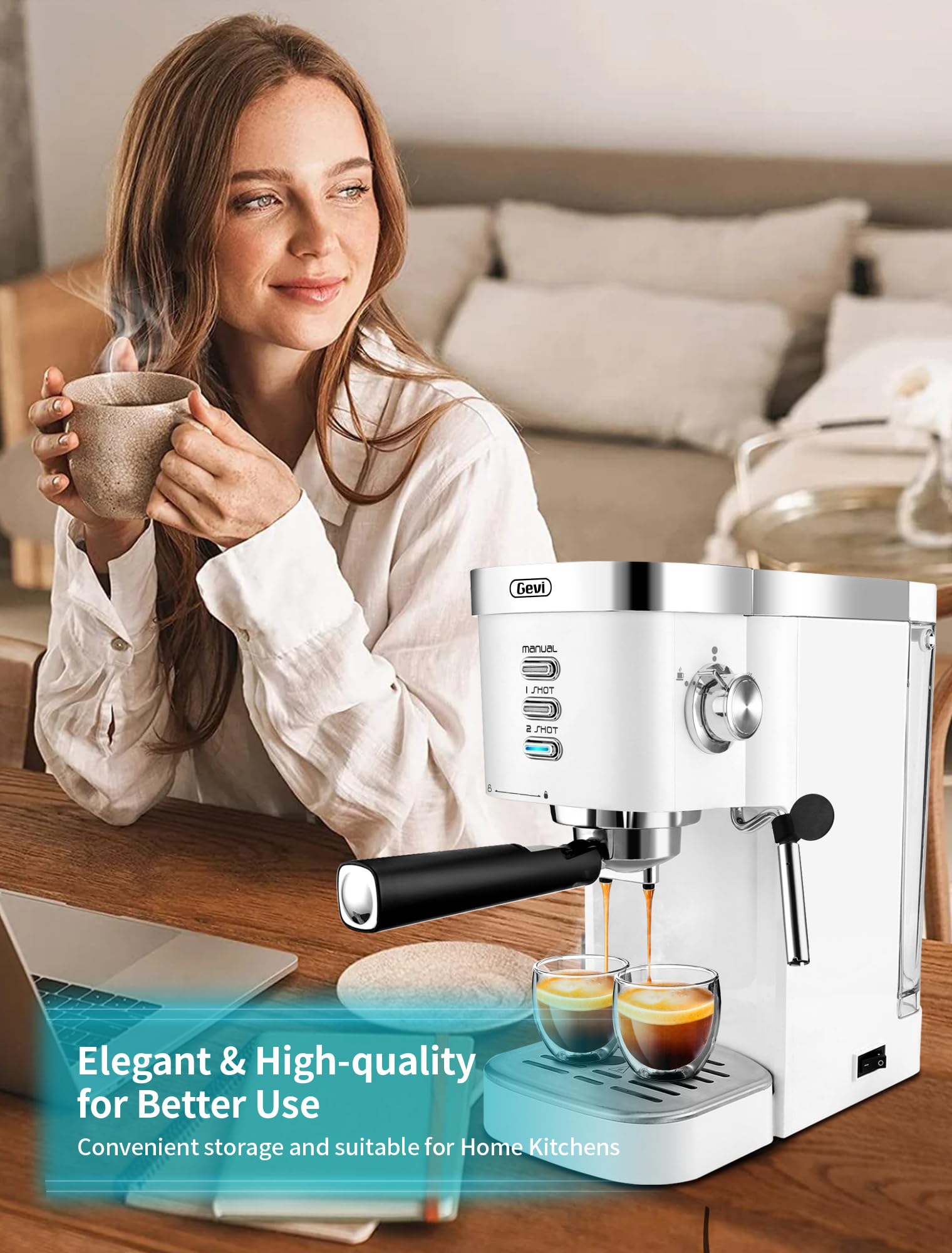 Gevi Espressomaschinen, 20 Bar, schnelles Aufheizen, kommerzielle automatische Cappuccino-Kaffeemaschine mit Milchaufschäumer für Espresso, Latte Macchiato, 1,2 l abnehmbarer Wassertank