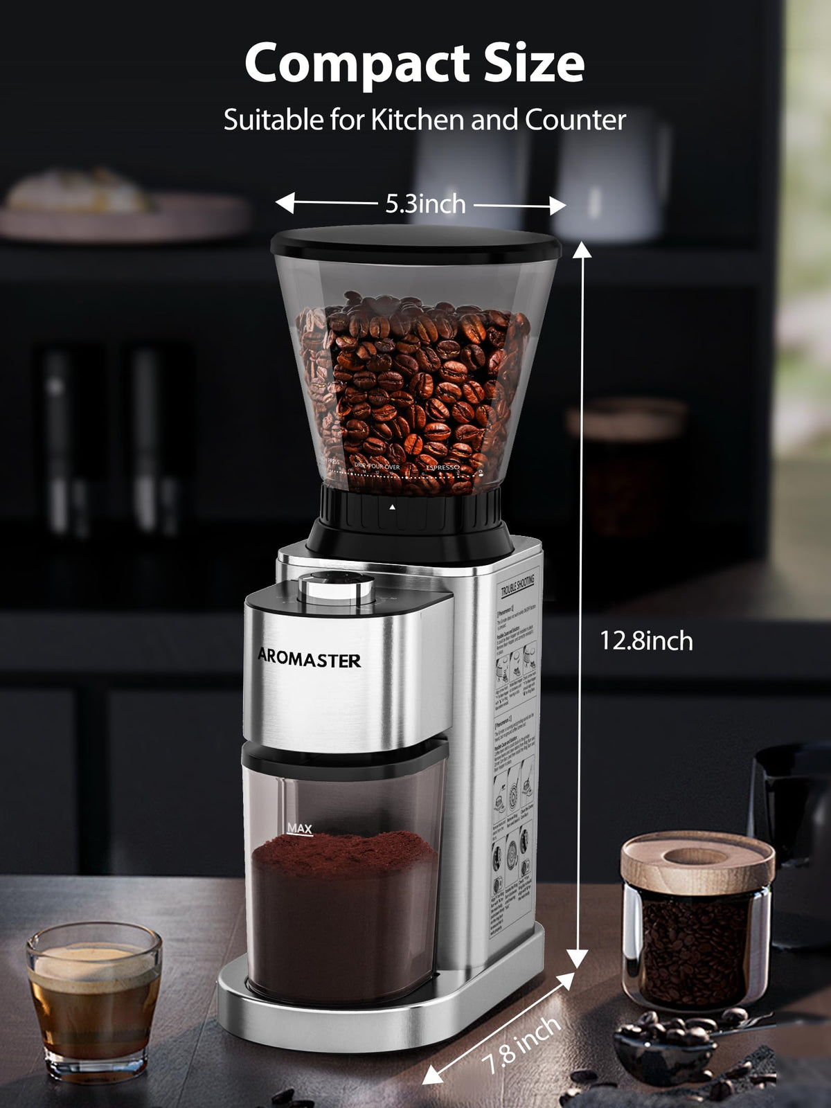 Aromaster elektrische Kaffeemühle mit konischem Mahlwerk, Kaffeebohnenmühle mit 48 Mahleinstellungen für den Heimgebrauch, einstellbarer 40-Sekunden-Timer, Edelstahl, antistatisch, Silber