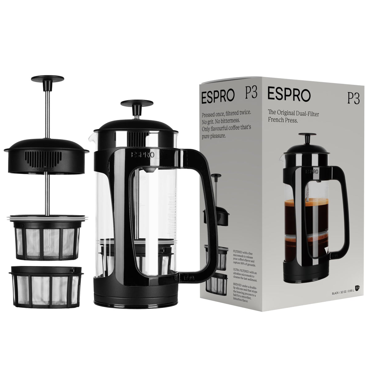 ESPRO - P3 French Press - Double Micro-Filtered Coffee and Tea Maker, Grit-Free and Bitterness-Free Brews, Ideal for Loose Tea and Coffee Grounds - (Black, 32 Oz)