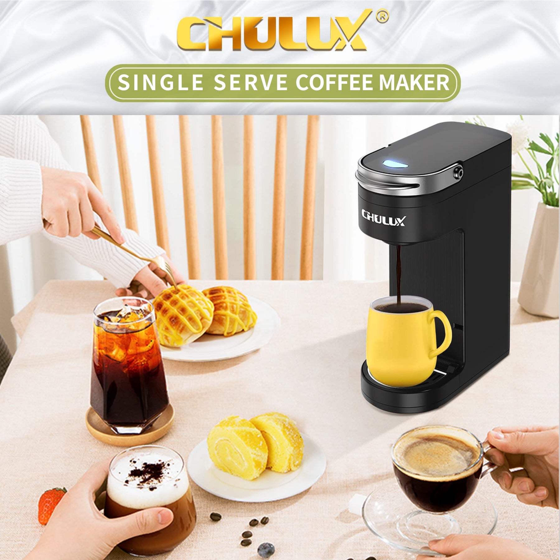 CHULUX Slim Single Serve Coffee Maker for K Cup, Mini Travel One Cup Coffee Machine for Home, Desk, Kitchen and Bedroom, Fits Travel Mug