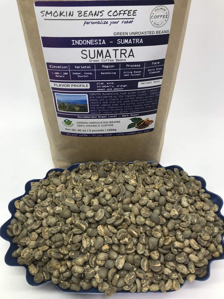 5-pound Sumatra Mandheling (Unroasted Green Coffee Beans) premium Arabica grown Indonesia fresh current-crop beans for home coffee roasters, specialty-grade coffee beans, includes a free burlap bag