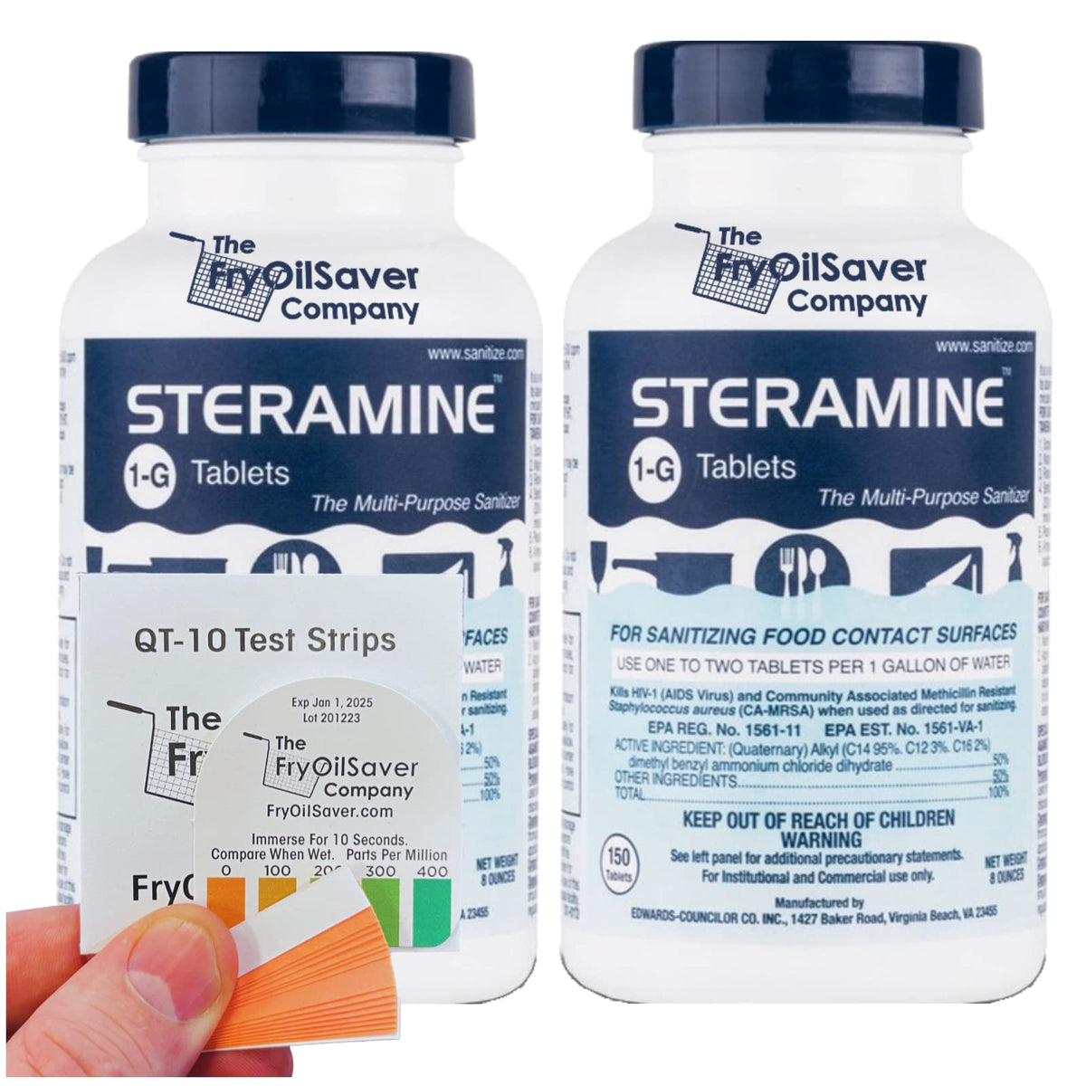 Pack of 2 Steramine Tablet, 300 Steramine Sanitizer Tablet w/ 30x QT-10 Test Strip for Food Service, Multi Purpose Sanitizing Tablets for Kitchens, Restaurants, Food Contact Surface by FryOilSaver Co.