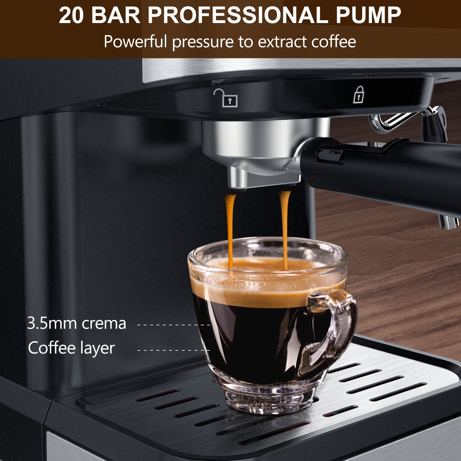 ICUIRE Espressomaschine mit Milchaufschäumer, 20 Bar Kaffeemaschine, 1,5L/50oz Abnehmbarer Wassertank, 1050W Halbautomatische Espresso/Latte/Cappuccino Maschinen für Zuhause Barista, Büro