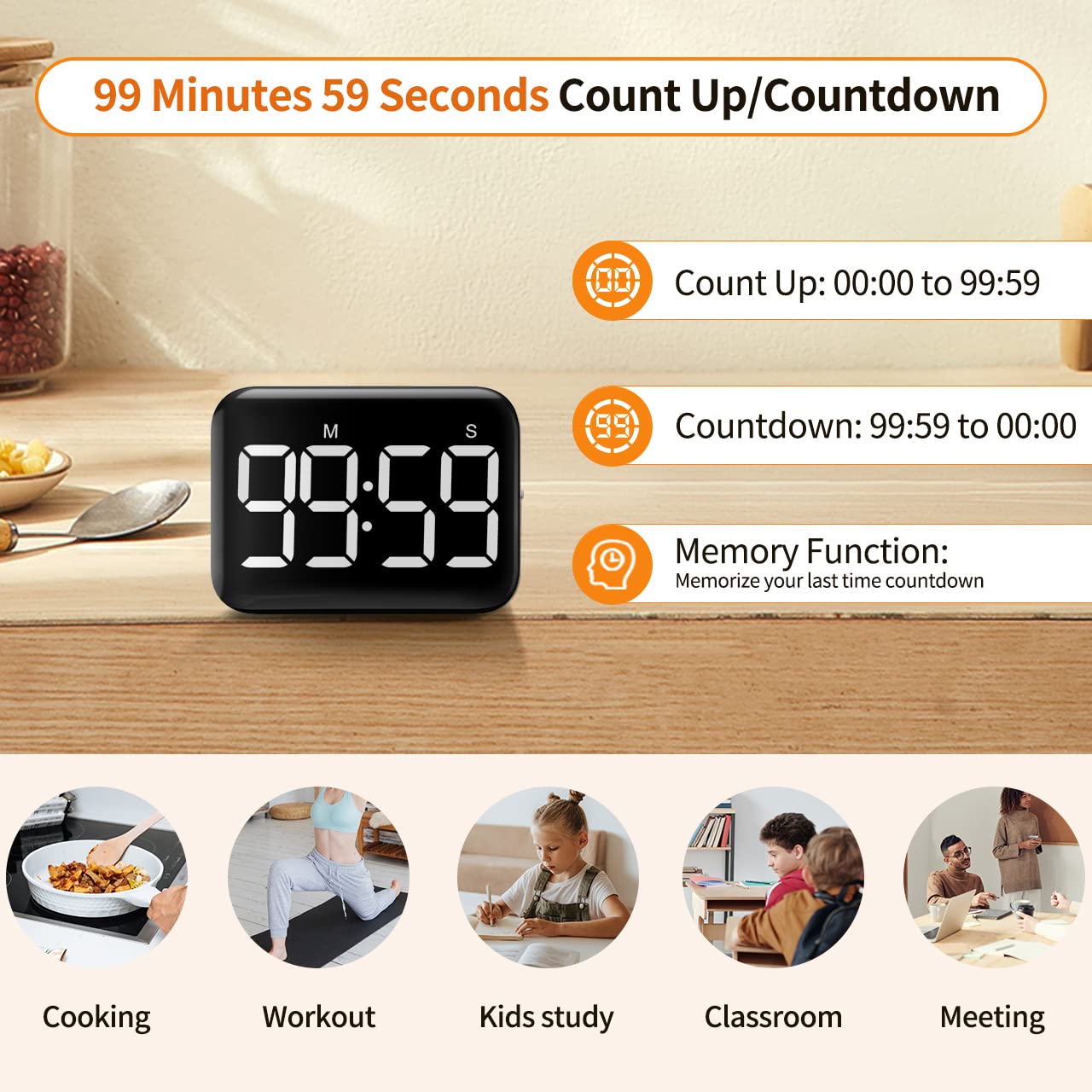 VOCOO Magnetischer Küchentimer zum Kochen mit Countdown-Countdown, digitaler Timer mit Batteriebetrieb und großem Display, 2 Helligkeits- und Lautstärkestufen für Klassenzimmer, Lehrer, Kinder