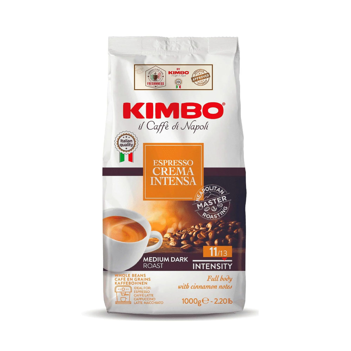 Kimbo Espresso Crema Intensa Kaffeebohnen | Mitteldunkle Röstung | Intensität 11/13 | In Italien gemischt und geröstet | Vollmundig mit Zimtnoten | 2,2 Pfund Beutel