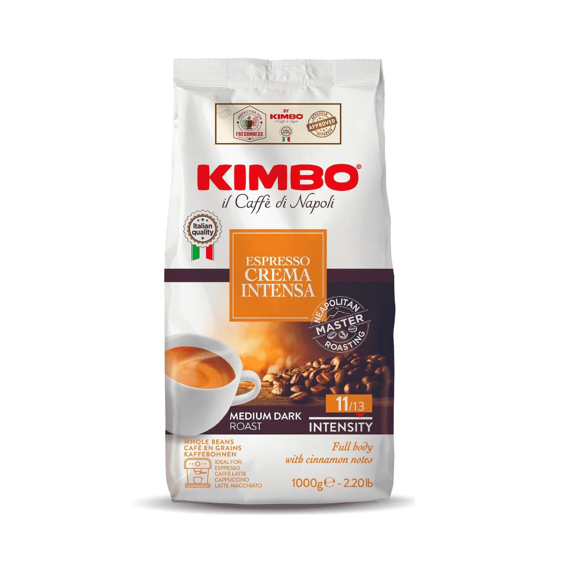 Kimbo Espresso Crema Intensa Whole Bean Coffee | Medium Dark Roast | 11/13 Intensity | Blended & Roasted in Italy | Full Body with Cinnamon Notes | 2.2 Lbs bag