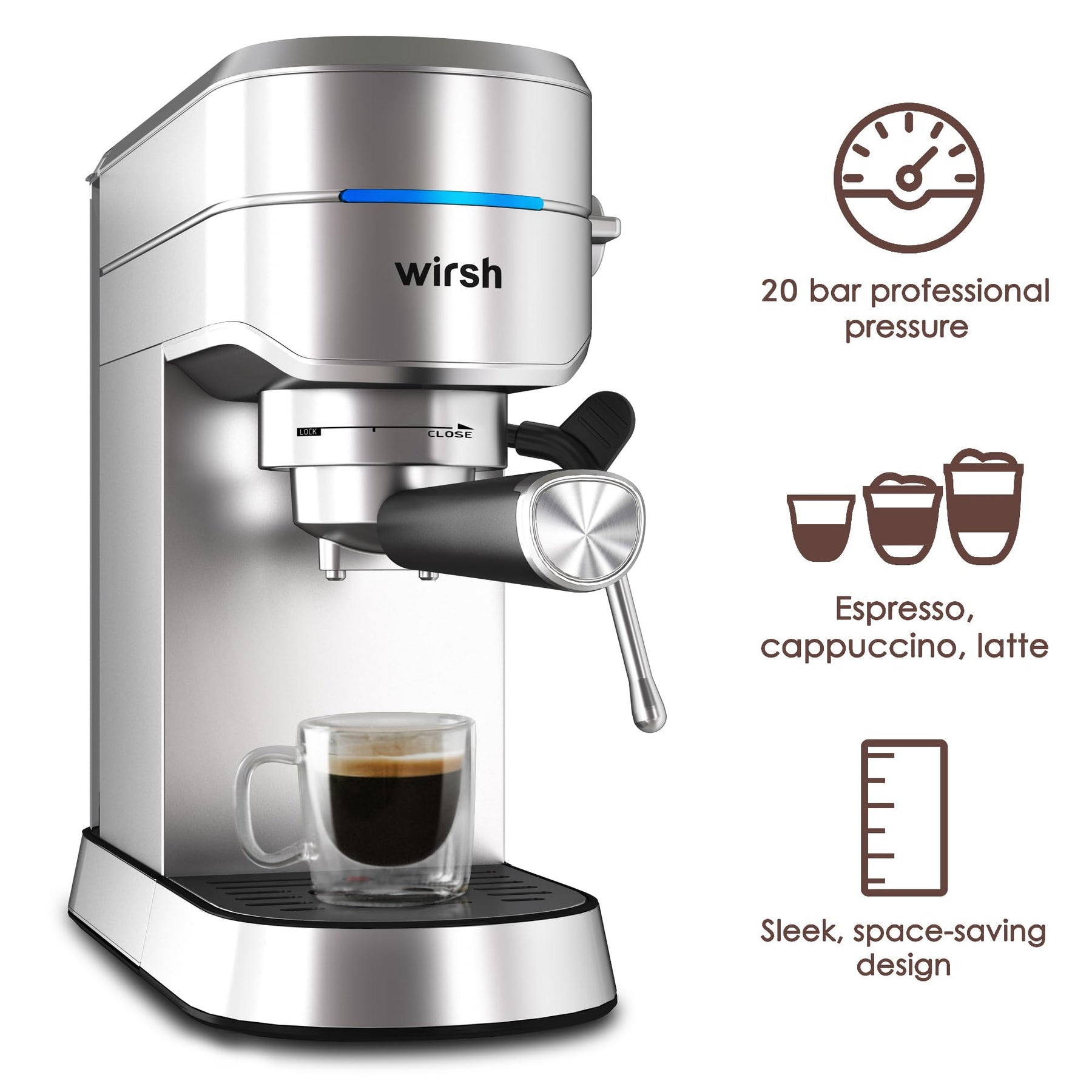 wirsh Espresso Machine,20 Bar Espresso Maker with Commercial Steamer for Latte and Cappuccino, Expresso Coffee Machine with 42 oz Removable Water Tank,Stainless Steel (Home Barista)