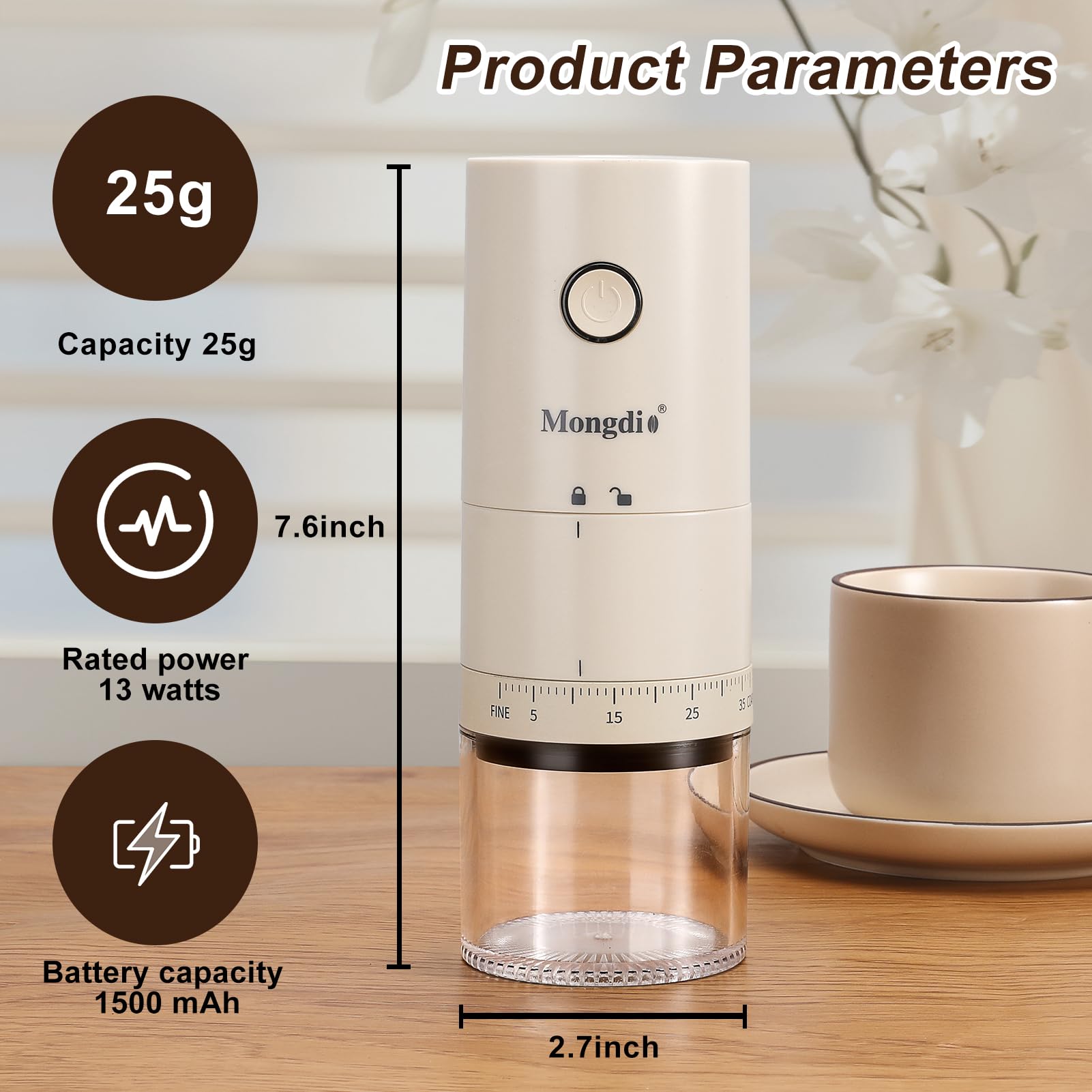 Mongdio Portable Electric Coffee Bean Grinder with 38 Adjustable Settings, Rechargeable Coffee Grinders for Home Use, Coffee Grinder for Travel - White