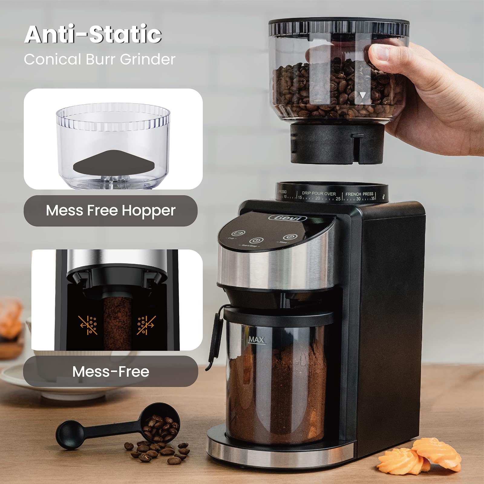 Gevi Conical Burr Coffee Grinder, Adjustable Burr Mill with 35 Precise Grind Settings, Anti-Static, Coffee Grinder Electric for Espresso/Drip/Percolator/French Press/American/Turkish Coffee Makers