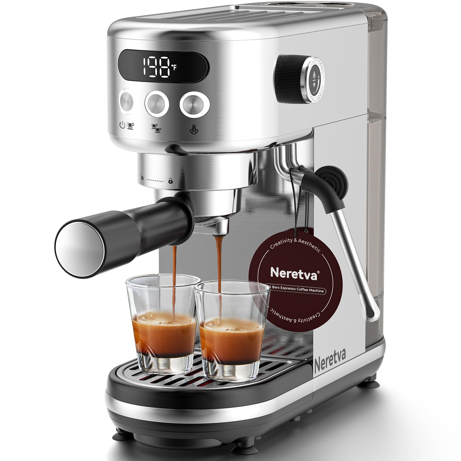 Neretva Espressomaschine 20 Bar, superkompakter Espressokocher mit LED-Display und Milchaufschäumer für den Barista zu Hause, professionelle Kaffeemaschine aus Edelstahl, Espresso-Latte- und Cappuccino-Maschine