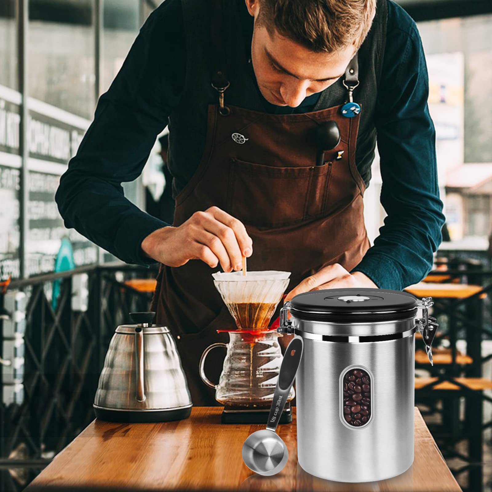 1800ML Airtight Coffee Canister with Date Tracker&Transparent Window, 22.8OZ Coffe Beans Storage with 30ML Measure Spoon&4 co2 Valve, Coffee Container for Grounds Coffee, Beans, Tea, Sugar(Silver)