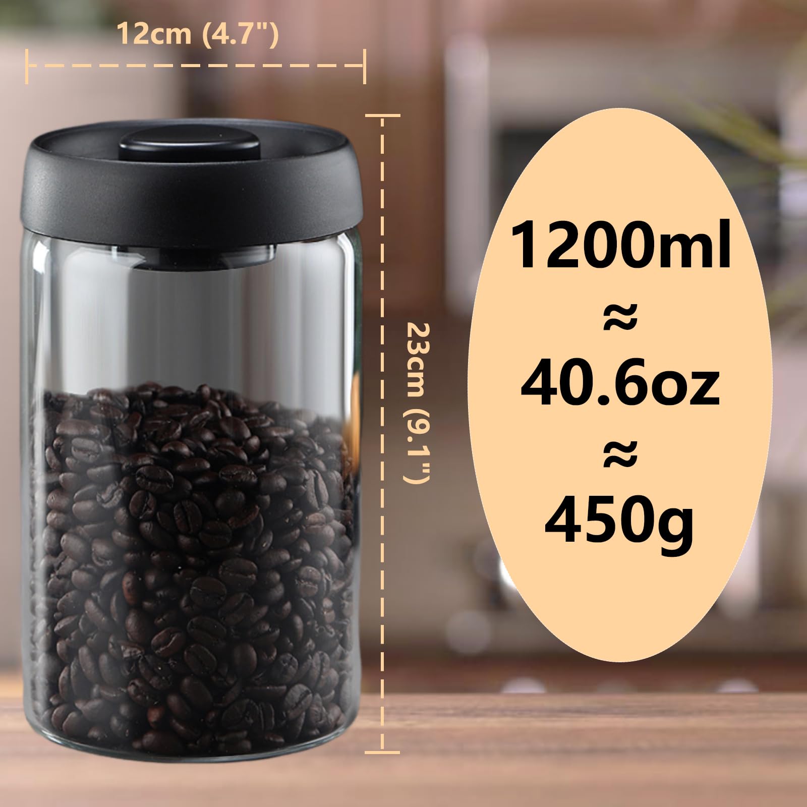 HelpyLife Vakuum-Kaffeedose, 1,2 l graues Glas zur Kaffeebohnenaufbewahrung, perfekt für Kaffeebohnen, losen Tee, Süßigkeiten, Zucker, Nüsse, Gewürze (1200 ml)