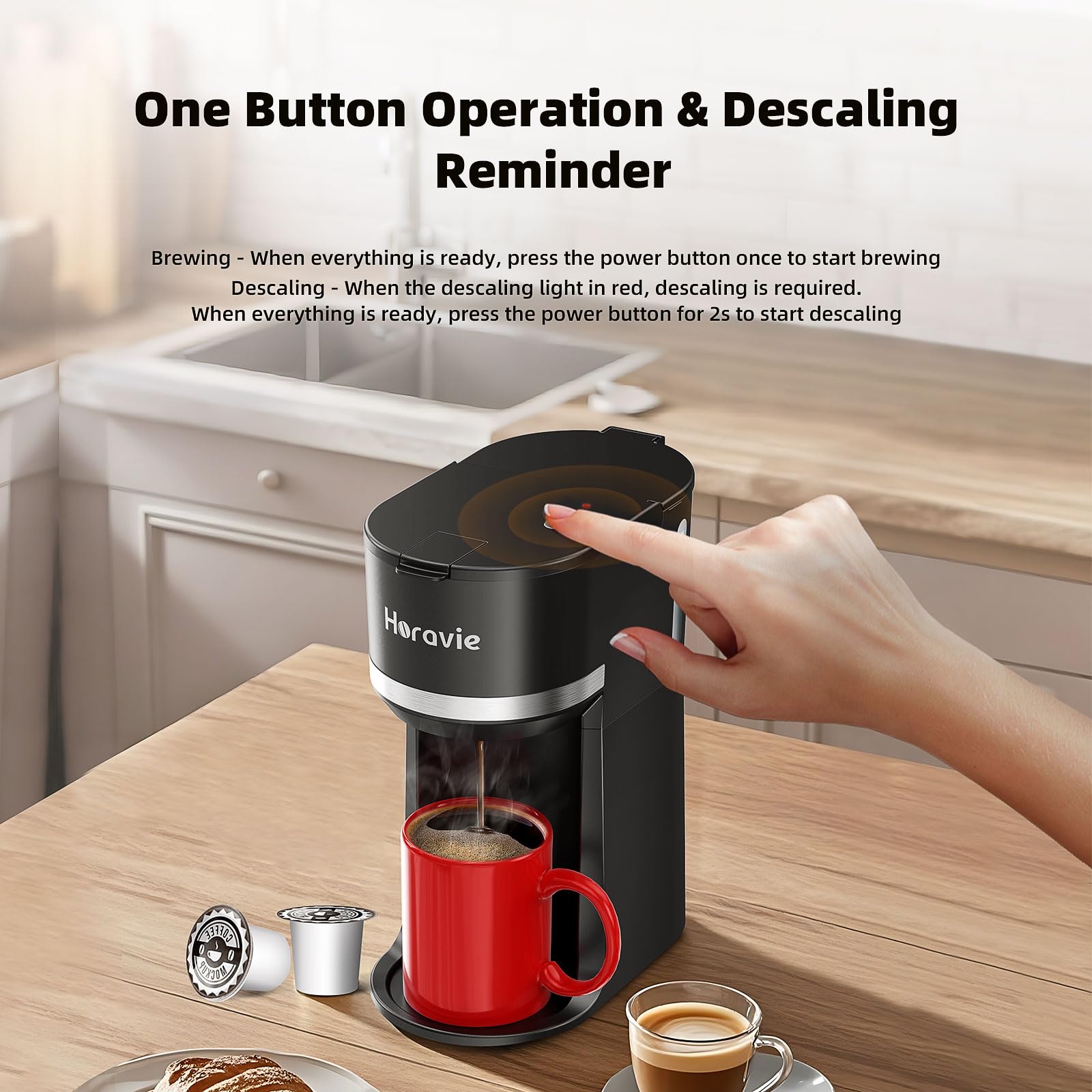 Horavie Mini-Einzelportionskaffeemaschine für K-Cup und gemahlenen Kaffee, Schnellbrüh-Einzeltassen-Kaffeemaschine mit Entkalkungserinnerung und Wasseranzeige, Brühgrößen von 6 bis 12 oz, schwarz