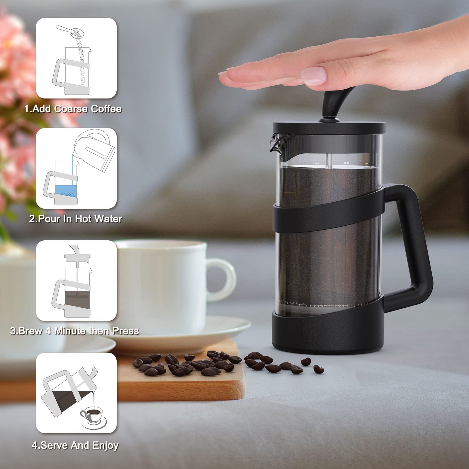 RAINBEAN Mini French Press Coffee Maker 12 oz, Heat Cold Coffee Brewer Camping Coffee Press Pot, Small French Press and Coffee Presses 350 ml, Tea and Frothed Milk Press (Black, 12 oz)