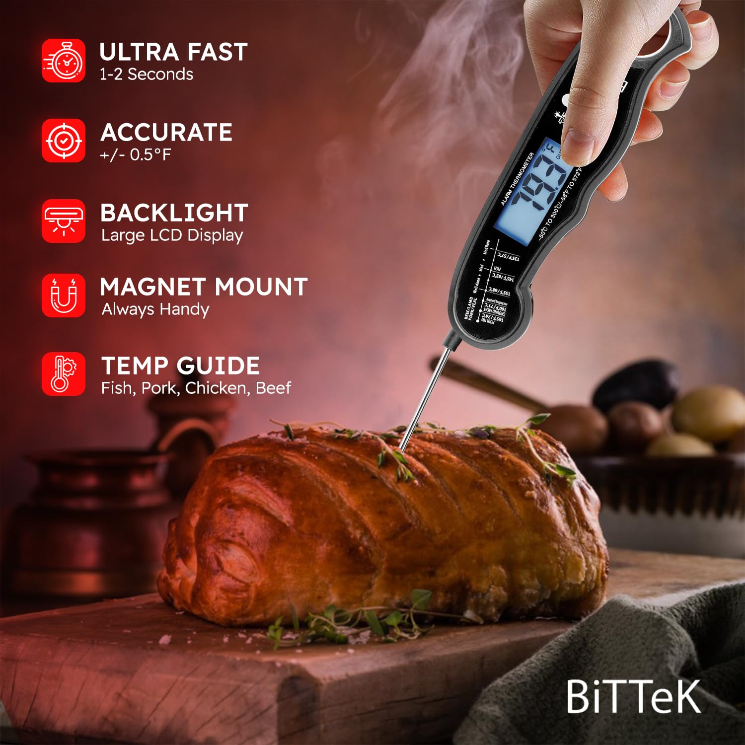 Instant Read Dual Probe Meat Thermometer for Cooking, Fast & Precise Digital Food Thermometer, Backlight, Magnetic, Calibration, Foldable Probe for Deep Fry, Grill, Roasting, Thanksgiving