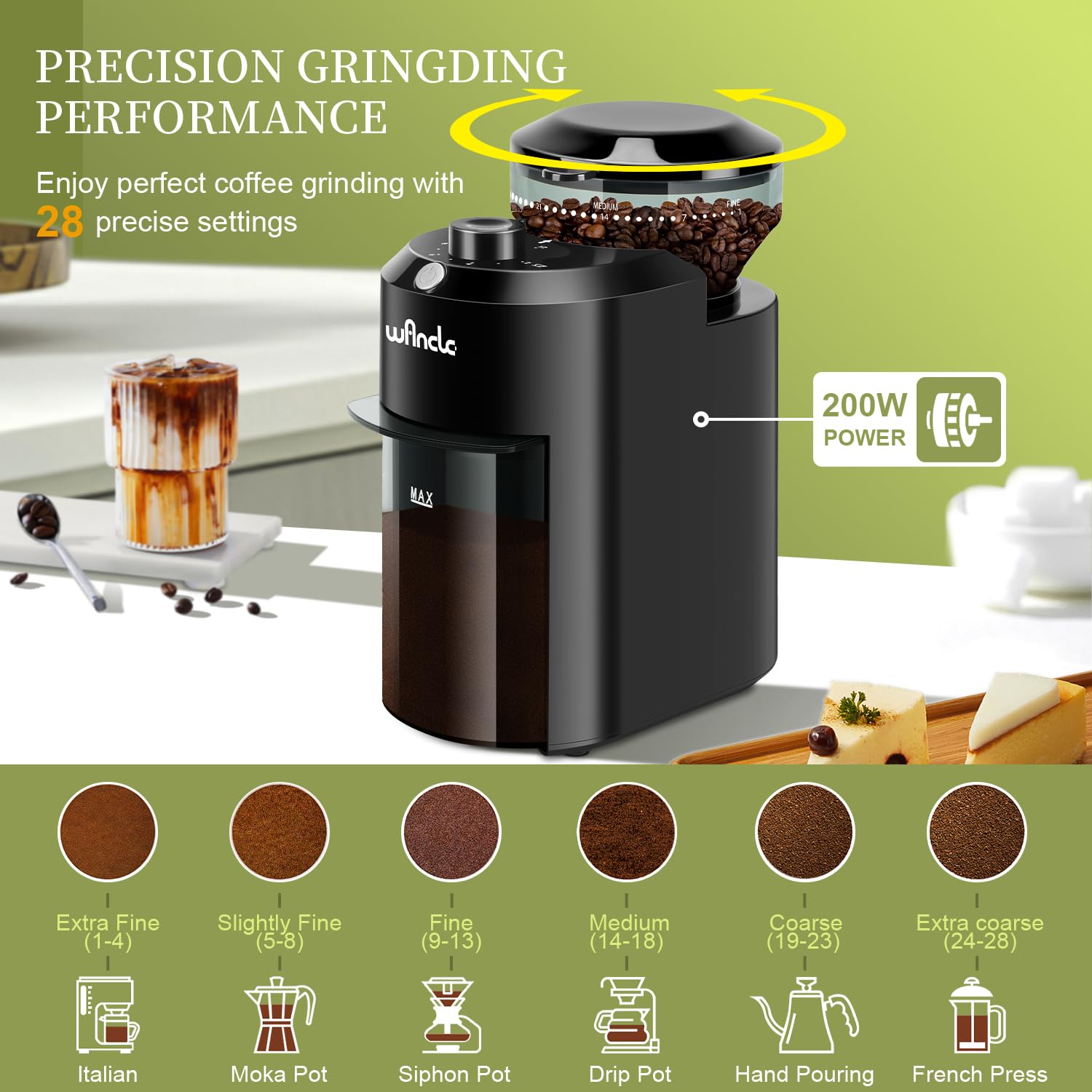 Wancle Electric Burr Coffee Grinder - Adjustable with 28 Precise Grind Settings for 12 Cups - Professional Coffee Bean Grinder (Plastic, Black)