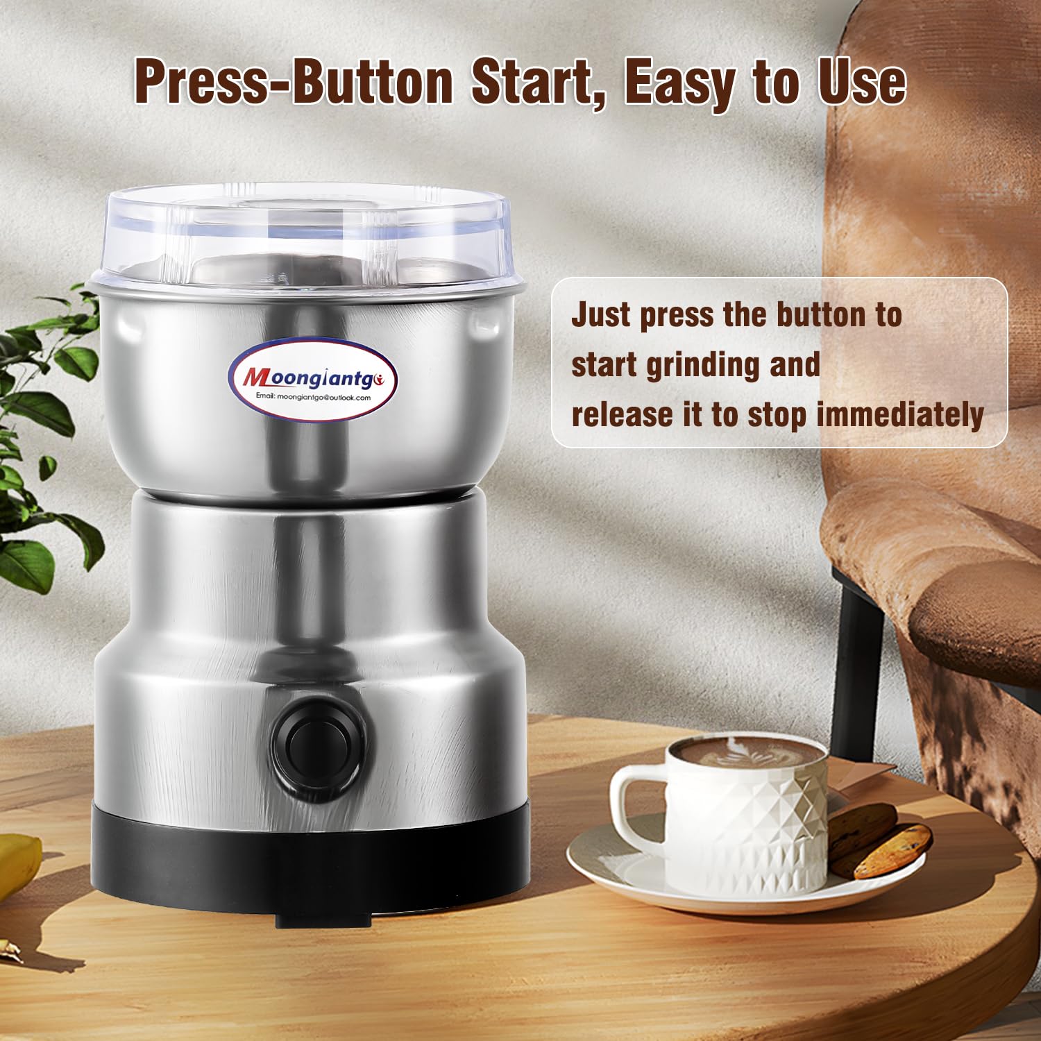 Moongiantgo Coffee Grinder Electric, Mini Spice Grinder, 200W 10s Fast Grinding, Dry Grain Mill for Spices Seeds Rice Beans Seasonings, with Replacment Stainless Steel Blade (Silver, 110V)