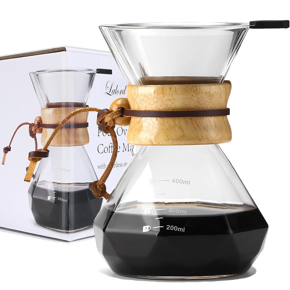 Lalord Pour Over-Kaffeemaschine mit Edelstahlfilter, Kaffeekaraffe aus Borosilikatglas, moderner Holzkragen, Kaffeemaschinen-Karaffe, fasst 2 Tassen, 400 ml/13,5 oz, transparent