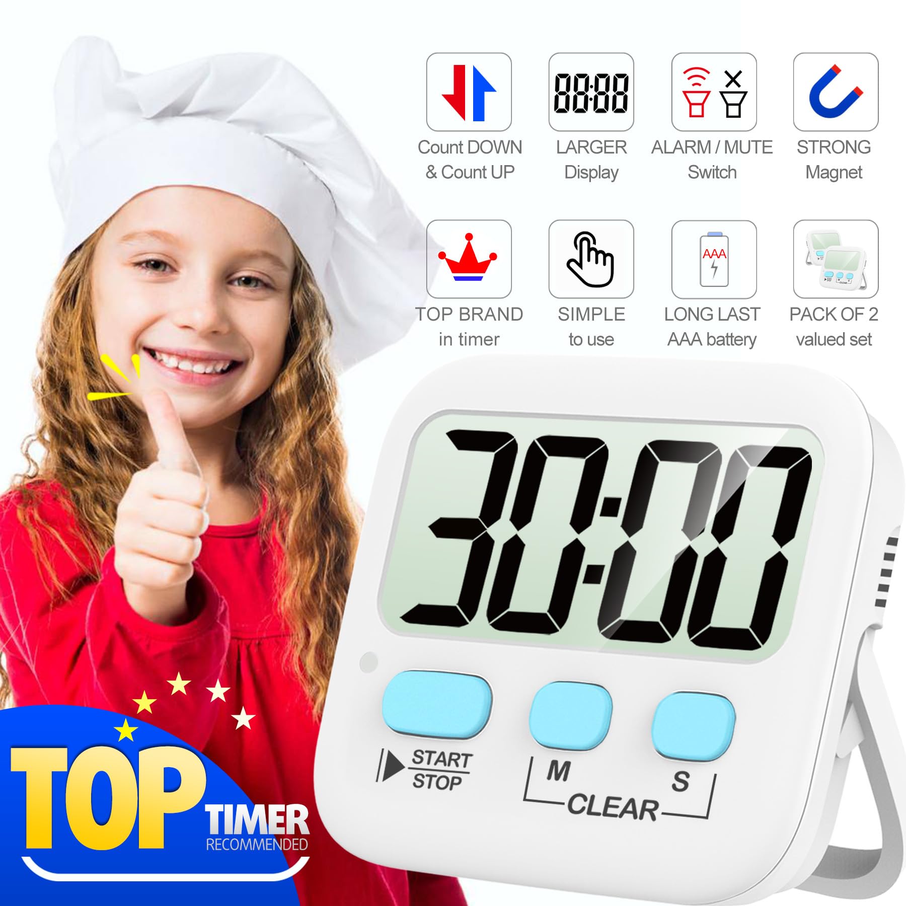 Antonki Digitaler Timer für Kinder, magnetischer Countdown-Küchentimer zum Kochen, Eierkochen, Klassenzimmer, Lehrer, Sport, Studium, Ofen, Batterie im Lieferumfang enthalten, 2er-Pack