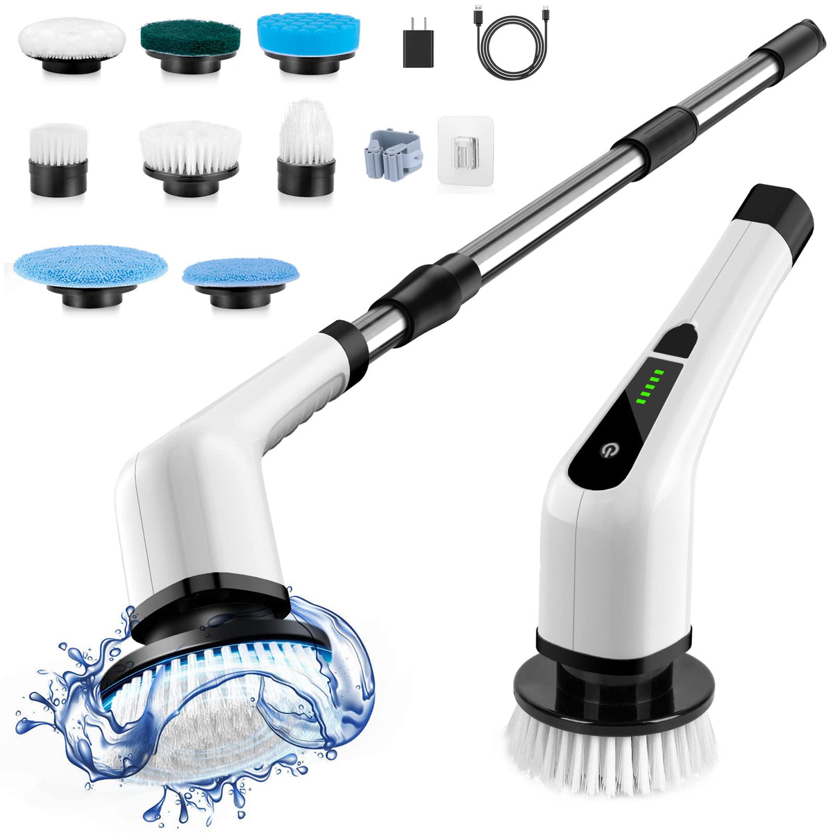 Bomves Electric Spin Scrubber, Cordless Cleaning Brush Scrubber for Home, 400RPM/Mins-8 Replaceable Brush Heads-90Mins Work Time, 3 Adjustable Size, 2 Speeds for Bathroom Shower Bathtub Glass Car