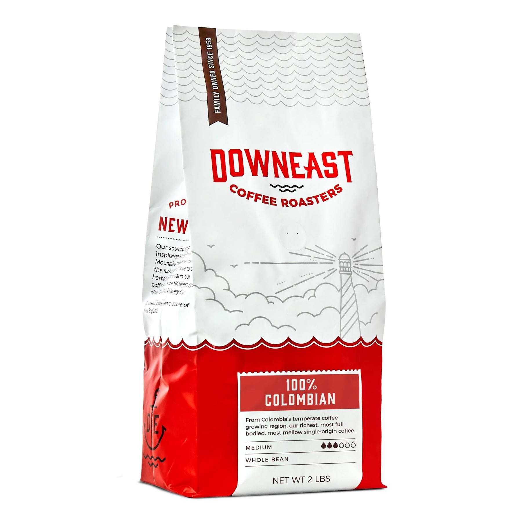 Downeast Coffee Roasters Whole Bean Coffee - 100% Colombian, Medium Roast, 100% Arabica Coffee - Dark Chocolate and Ripe Fruit Notes - Select Central and South American Highlands (2lb Bag)