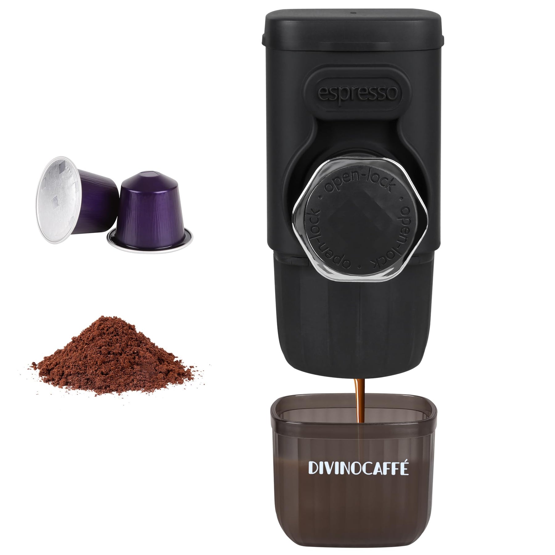 DIVINOCAFFÉ Mini-Espressomaschine, tragbarer Espressokocher, kompatibel für Kapseln und Kaffeepulver, kleine Reisekaffeemaschine, manuell bedienbar, 18 Bar Druck, perfekt fürs Camping.