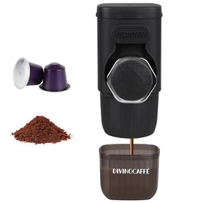 DIVINOCAFFÉ Mini-Espressomaschine, tragbarer Espressokocher, kompatibel für Kapseln und Kaffeepulver, kleine Reisekaffeemaschine, manuell bedienbar, 18 Bar Druck, perfekt fürs Camping.