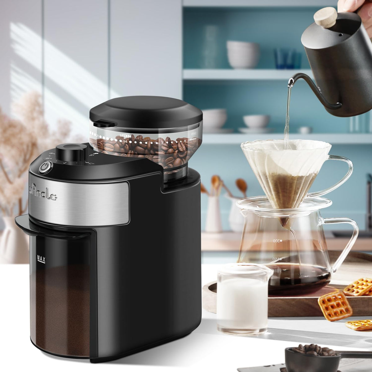 Wancle Kaffeemühle mit flachem Mahlwerk, 28-stufige Kaffeemühle, präzises Mahlen, Fassungsvermögen für 2–12 Tassen, leicht zu reinigen, kompaktes und platzsparendes Design