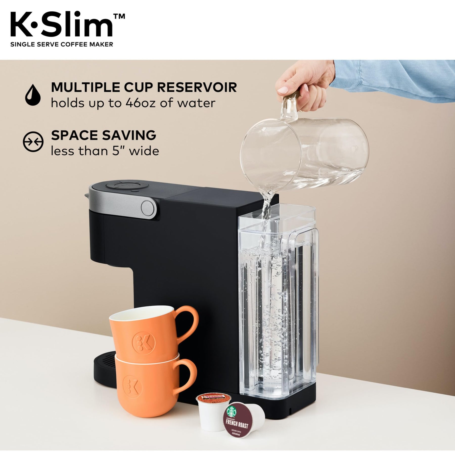 Keurig K-Slim Einzelportions-K-Cup-Pad-Kaffeemaschine, Multistream-Technologie, 3 Brühgrößen, schlankes und elegantes Design, abnehmbarer 46-oz-Tank, schwarz