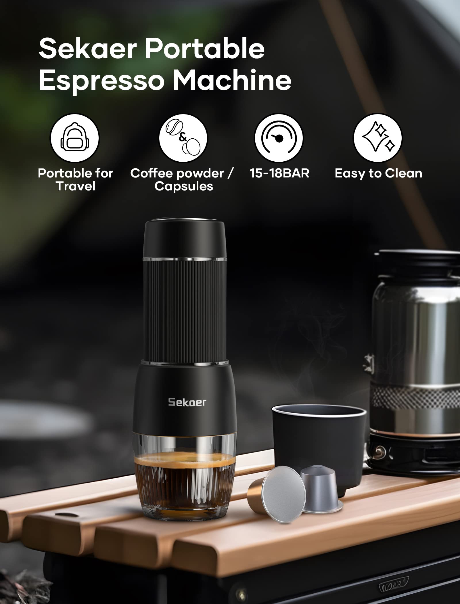 Sekaer Tragbare Espressomaschine, Reisekaffeemaschine, 2-in-1, kleiner Mini-Presso, kompatibel mit Nespresso-Originalkapseln, 18 Bar Druck, manuelle Aeropress-Kaffeemaschine