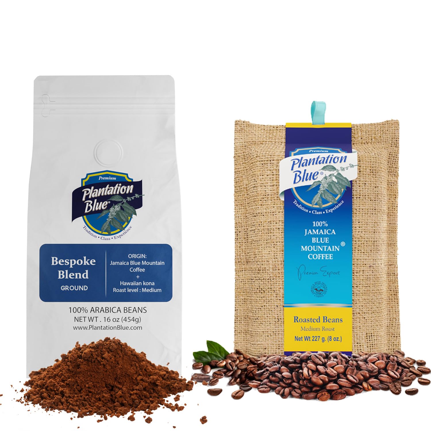 Harmonie in jedem Schluck-Paket: 8 oz 100 % Jamaica Blue Mountain ganze Bohnen + 1lb maßgeschneiderte Mischung gemahlener Kaffee mittlerer Mahlung Paket