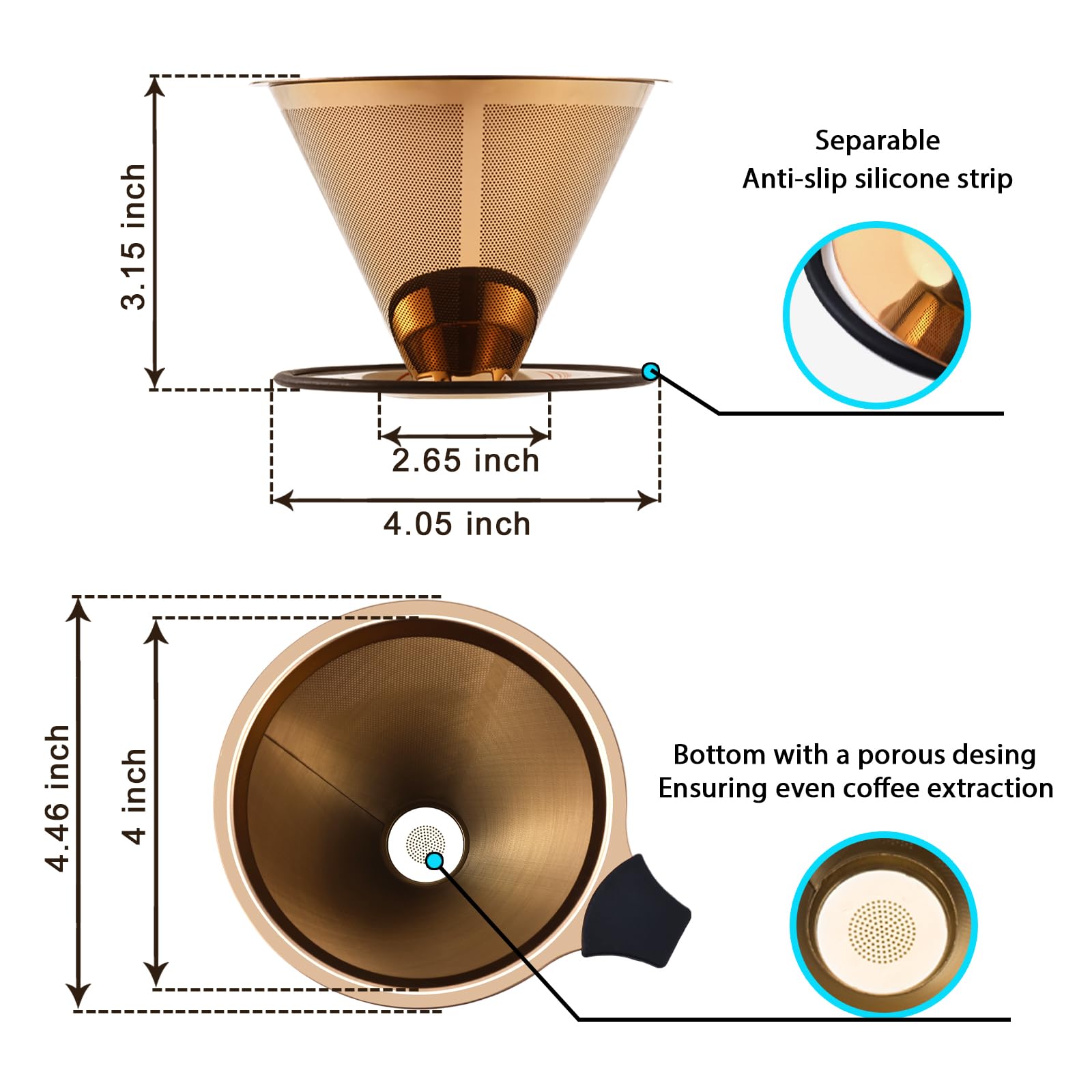 Übergieß-Kaffeefilter von INSINTAR, Edelstahl-Tropfkegel, Kaffeefilter, wiederverwendbares Kaffeesieb aus Metall mit rutschfestem Ring und Griff, papierloser Übergieß-Kaffeebereiter für 1–4 Tassen (Titan-Kupfer)