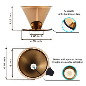 Übergieß-Kaffeefilter von INSINTAR, Edelstahl-Tropfkegel, Kaffeefilter, wiederverwendbares Kaffeesieb aus Metall mit rutschfestem Ring und Griff, papierloser Übergieß-Kaffeebereiter für 1–4 Tassen (Titan-Kupfer)