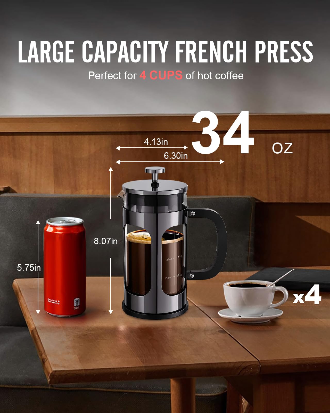 BAYKA 34 Ounce 1 Liter French Press Coffee Maker, Heat Resistant Thickened Borosilicate Glass Stainless Steel Brewer, Cold Brew Cafetera Teapot for Kitchen Travel Camping, Dark Pewter