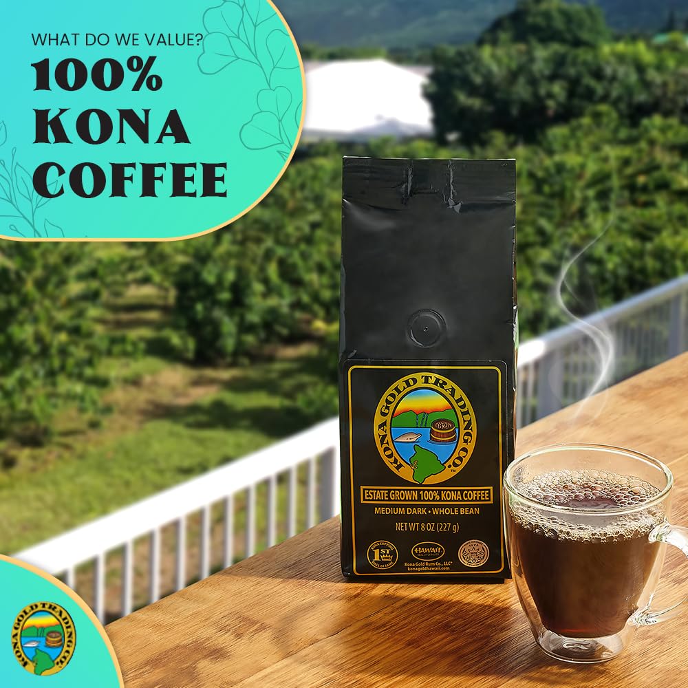 Hawaiian Kona Coffee Whole Bean - 16 oz, Kona Gold Coffee by Kona Gold Rum Co. - Freshly Roasted Medium/Dark Roast Extra Fancy - 100% Kona Coffee | Peach Notes With Creamy Tones