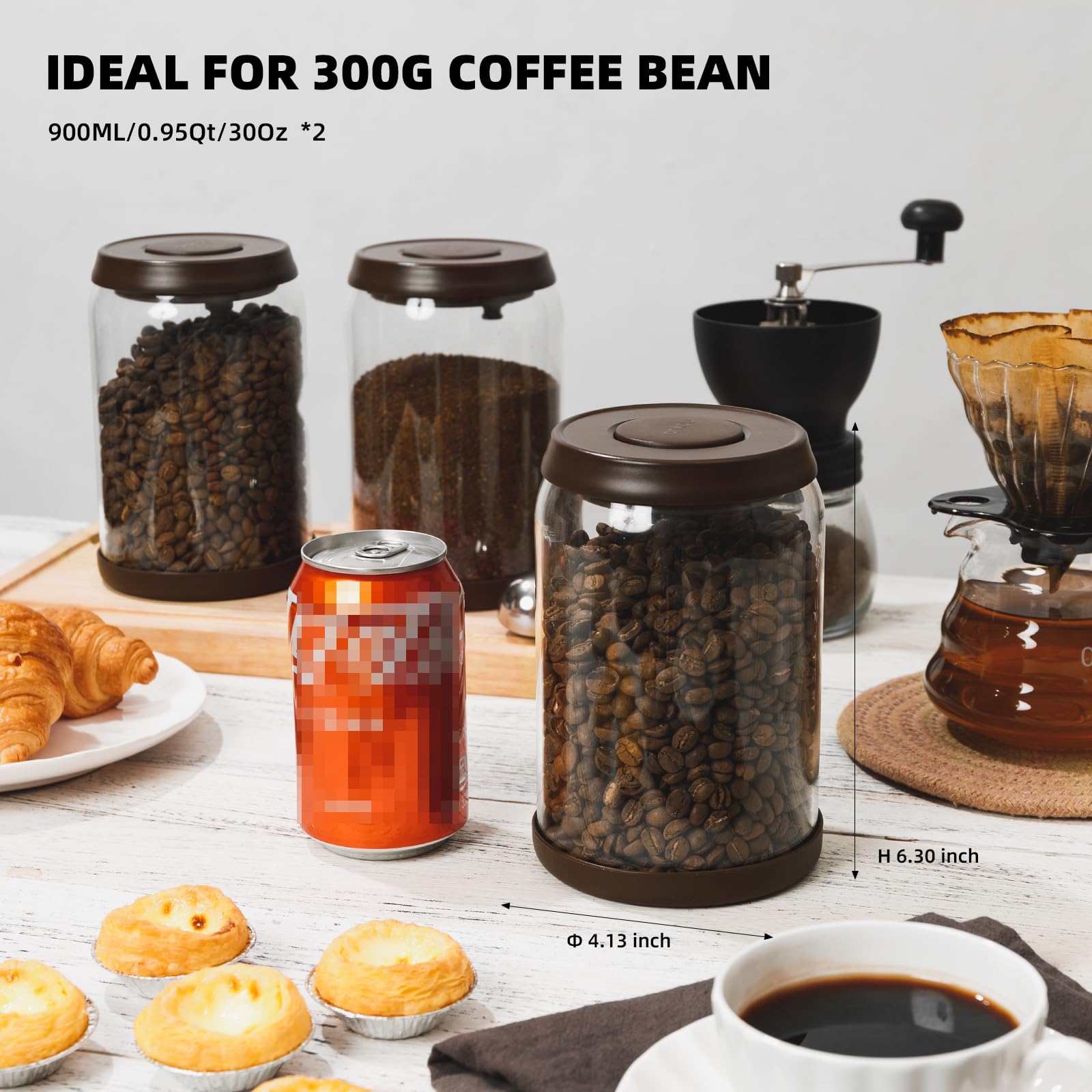 Tourdeus Kaffeebehälter aus Glas – 900 ml x 2, luftdichte Kaffeebehälter mit Pop-Top, große Behälter für gemahlenen Kaffee, Kaffeedosen mit Deckel, 300 g, Braun