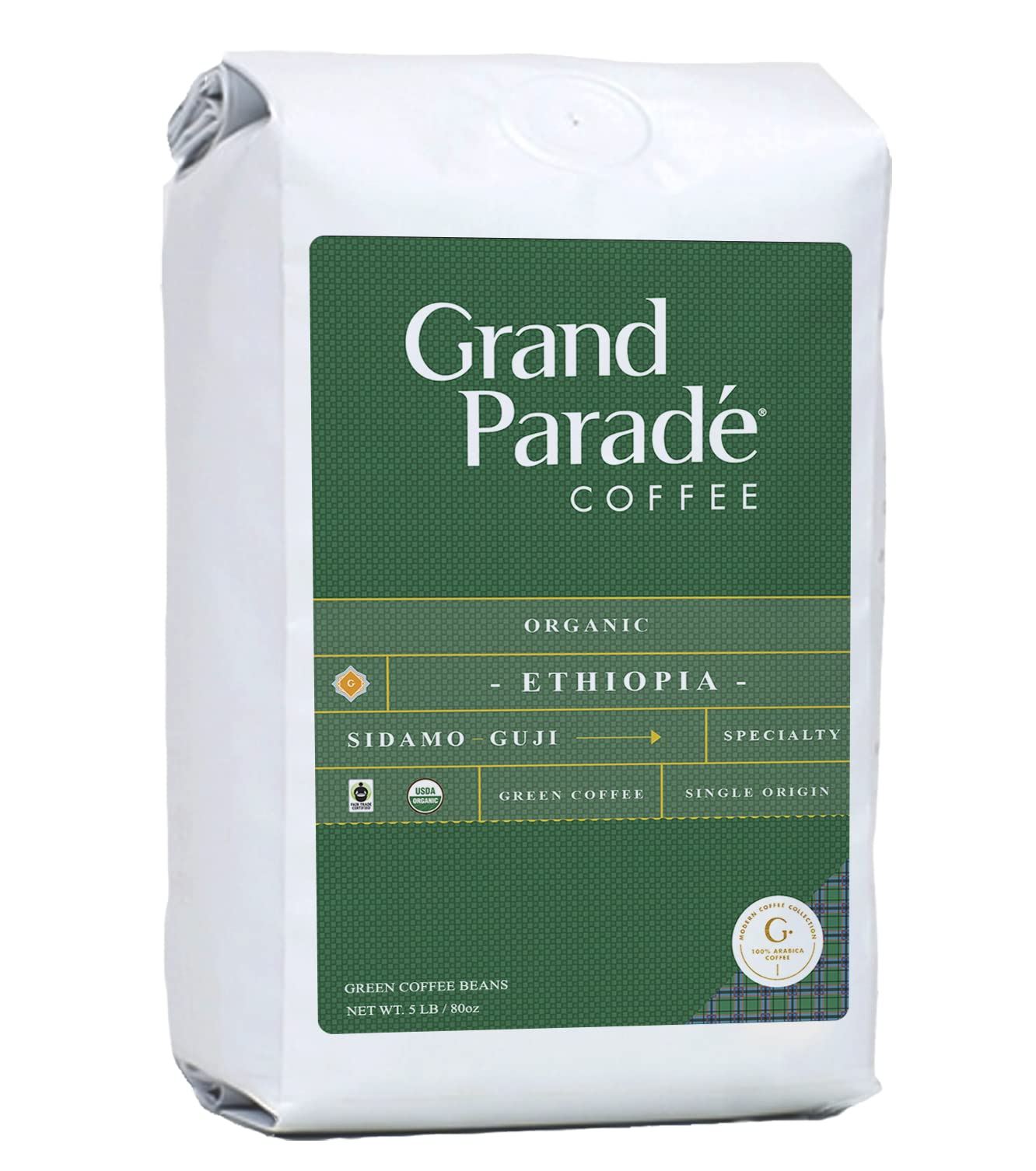 Grand Parade Coffee, 5 Pfund ungeröstete grüne Kaffeebohnen aus Bio-Äthiopien, Sidamo Guji, Spezial-Arabica, Güteklasse 1, Fair Trade, Single Origin