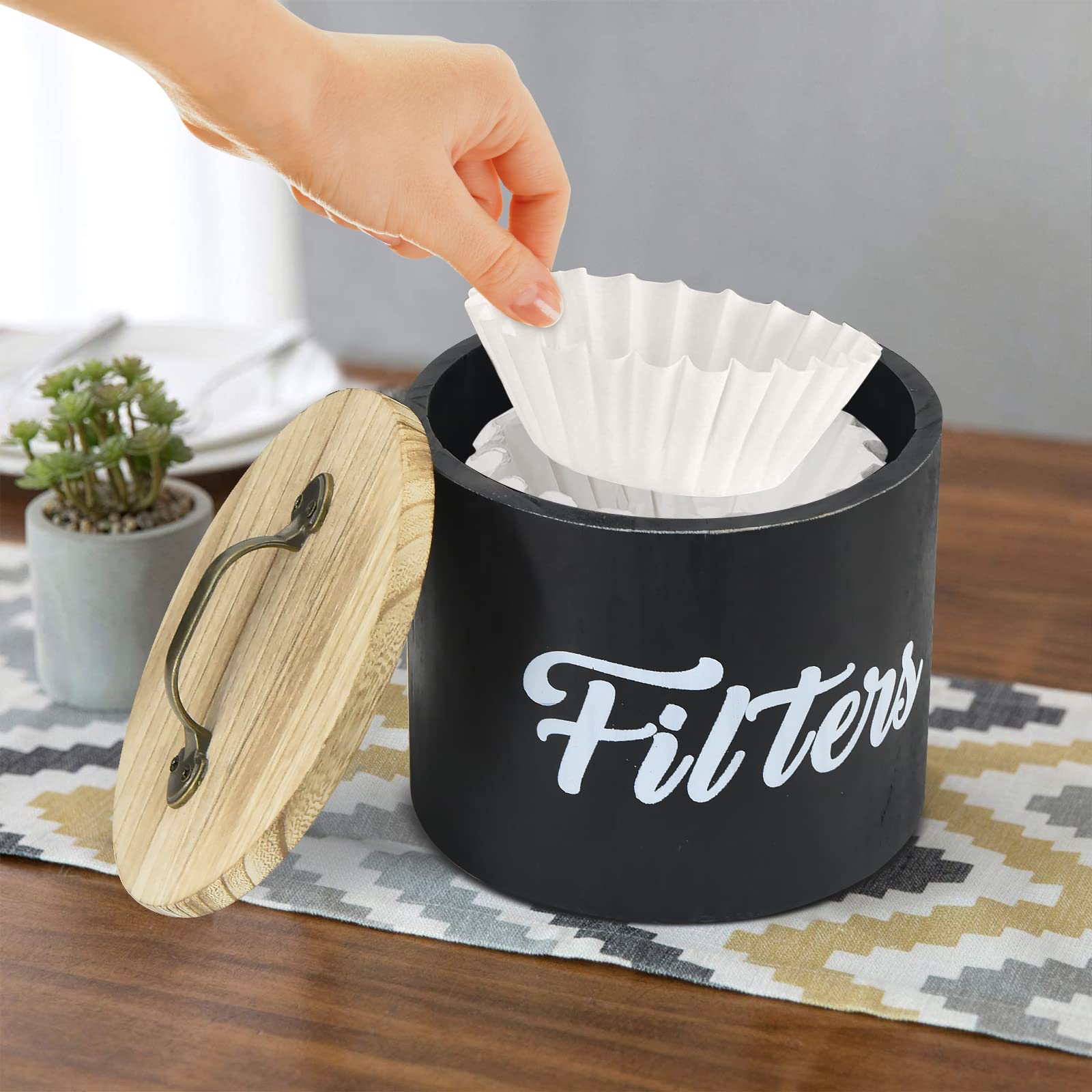 Farmhouse Coffee Filter Storage Container / Dispenser with Lid, Wooden Coffee Filter Basket for Counter, Black