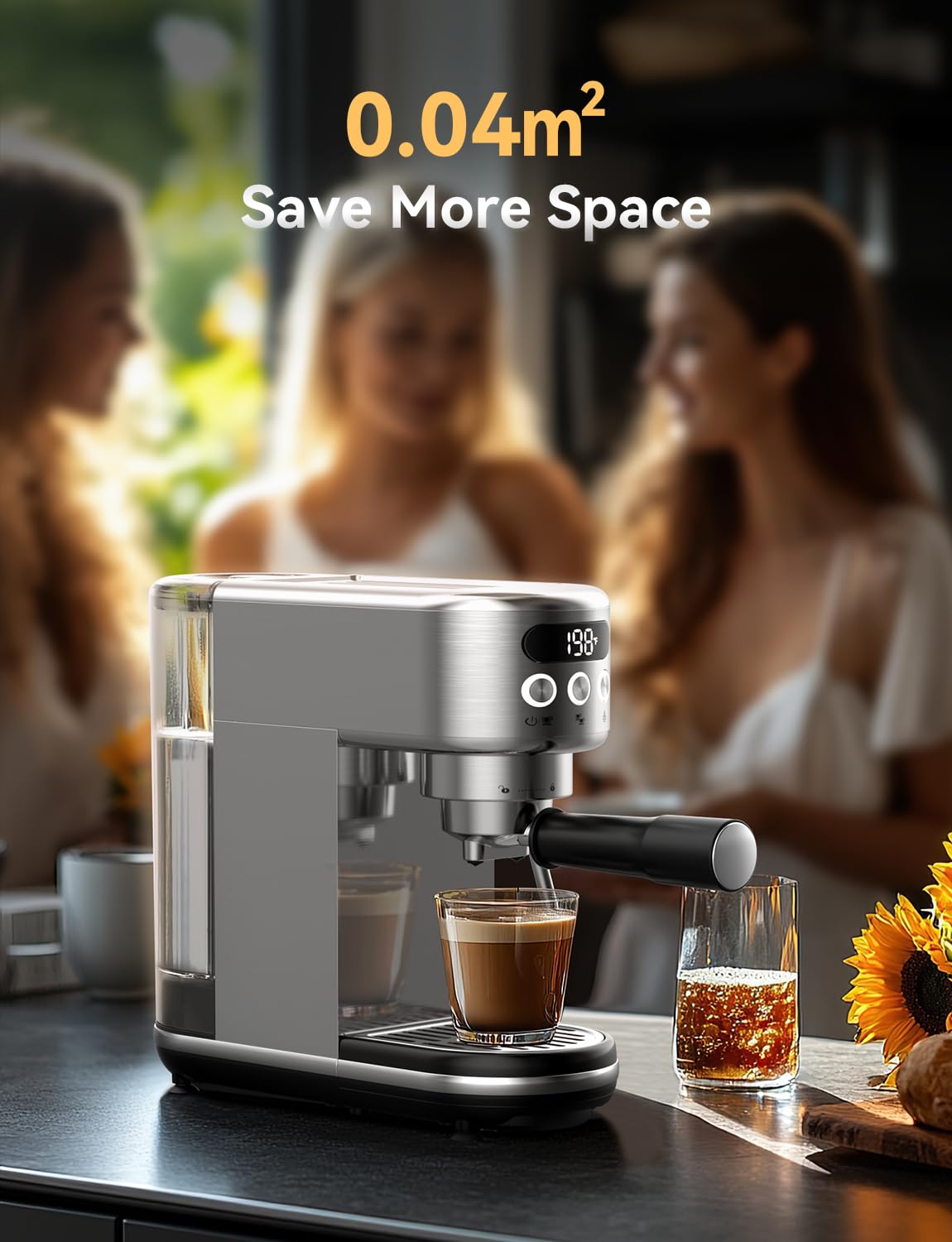 Neretva Espresso Machine 20 Bar, Super Compact Espresso Maker with LED Display & Milk Frother for Home Barista Stainless Steel Professional Coffee Machine Espresso Latte and Cappuccino Maker