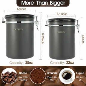 LRYYBTI 38oz Extra Large Coffee Canister, Airtight Stainless Steel Coffee Bean Storage Container with Scoop and Date Tracker, CO2 Release Valves Included, Gray