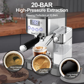 Geek Chef エスプレッソ&amp;カプチーノマシン 自動ミルク泡立て器付き 20Bar エスプレッソメーカー 家庭用 カプチーノまたはラテ用 ESE PODフィルター付き ステンレススチール コーヒー愛好家へのギフト